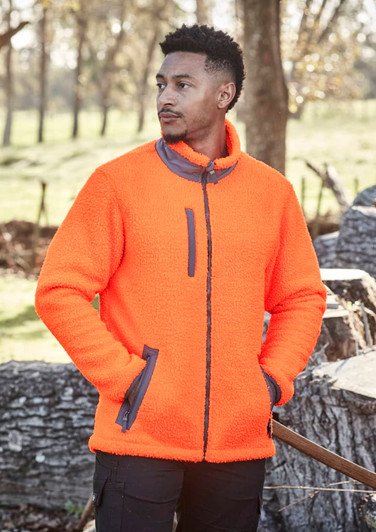 A bright orange unisex full zip Sherpa fleece jacket with zipped pocket and black accents. Features a logo.