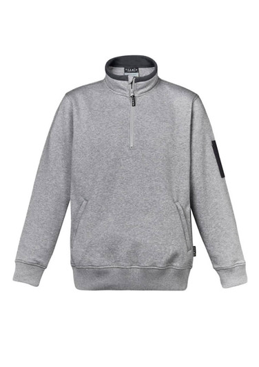 A grey unisex 1/4 zip brushed fleece pullover featuring a logo on the sleeve and ribbed cuffs.