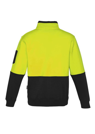 A bright yellow and black unisex half-zip pullover featuring a logo on the sleeve. Suitable for workwear use.