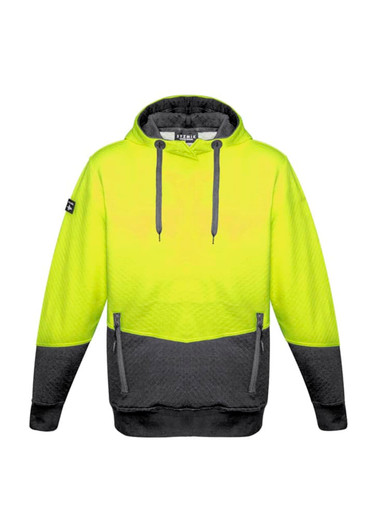 A bright yellow and grey unisex hoodie with a textured jacquard design and a logo on the sleeve.