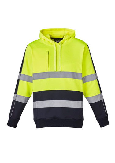 Unisex hi-vis hoodie in bright yellow and navy, featuring reflective tape for enhanced visibility. Includes a logo.