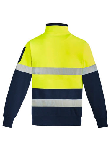 A unisex hi-vis pullover featuring a bright yellow upper and navy bottom with reflective hoop tape stripes.