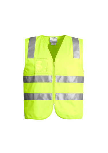A unisex hi-vis zip vest in bright yellow with reflective stripes, featuring a front pocket and a logo.