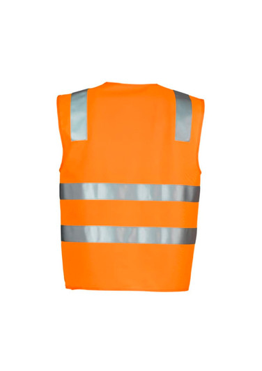 An orange unisex hi-vis vest featuring reflective silver strips. The back is plain with a logo present.