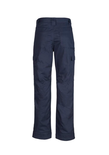Midweight drill cargo pants in navy blue, featuring multiple side pockets and a design for regular fit. Includes branding.