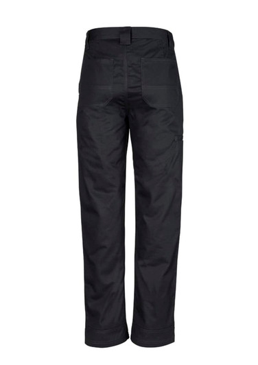 A pair of black utility pants featuring multiple pockets and a back view design.