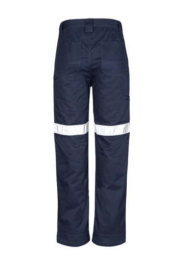 Navy utility pants with reflective tape accents, featuring multiple pockets and a back view. Equipped with a logo.