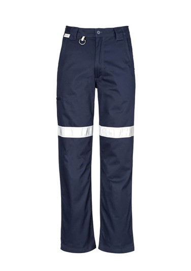 Navy utility pants featuring reflective tape, pockets, and a hook, designed for workwear use.