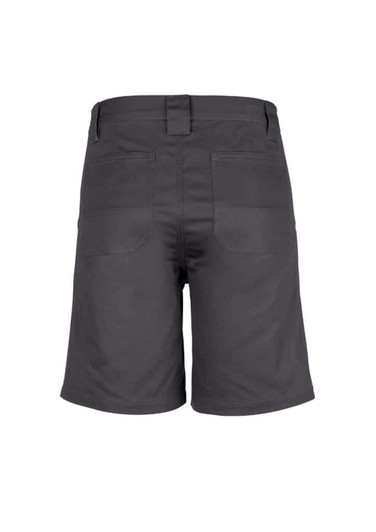 Men's plain utility shorts in dark grey, featuring back pockets and a waistband. Includes a logo on the waistband.