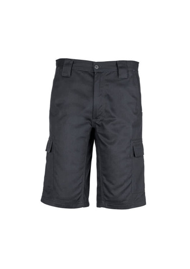 Men's midweight drill cargo shorts in black featuring side pockets and a waistband with belt loops.