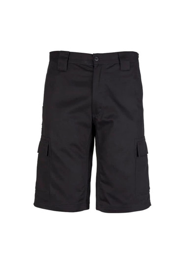 A pair of black midweight drill cargo shorts featuring side pockets and a front button closure.