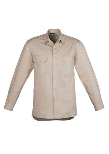 A men's lightweight long sleeve shirt in beige with two front pockets and a logo. Suitable for workwear.