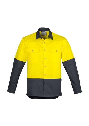 A long sleeve, high-visibility work shirt in yellow and navy with a logo on the chest.