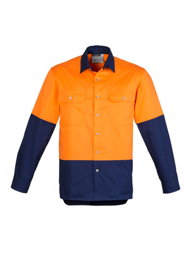 A long sleeve work shirt in orange and navy blue with two chest pockets and a logo.