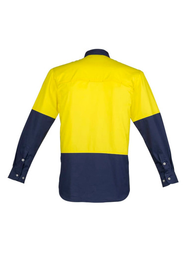 Long sleeve work shirt featuring a bright yellow upper and navy blue lower section, with a logo on the front.