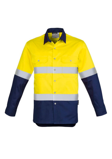 A long sleeve men's work shirt in high-visibility yellow and navy, featuring reflective hoop tape and a logo.