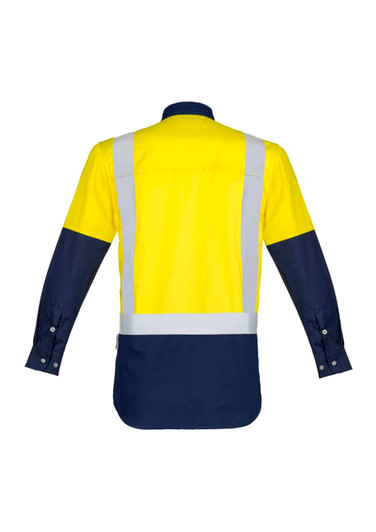 A long sleeve work shirt featuring a bright yellow body and navy blue sleeves, with reflective shoulder tape.