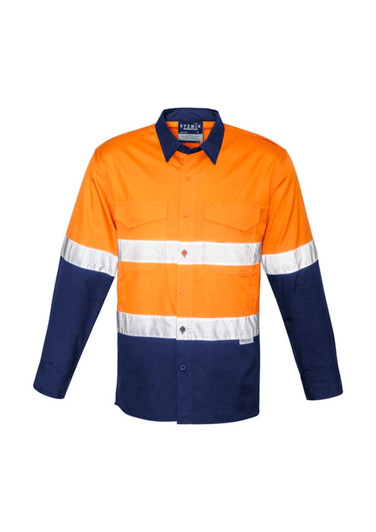 A long sleeve work shirt in orange and navy, featuring reflective tape across the chest and arms. It has two front pockets and a logo.