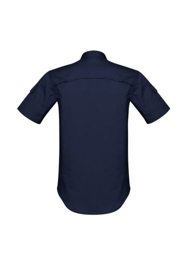 A short sleeve, navy blue men's shirt featuring a classic collar and a back yoke with a logo.