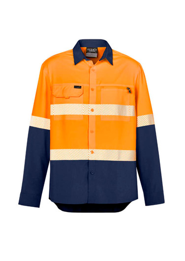 Hi-vis long sleeve shirt in orange and navy blue, featuring segmented reflective tape and a chest pocket. Includes a logo.