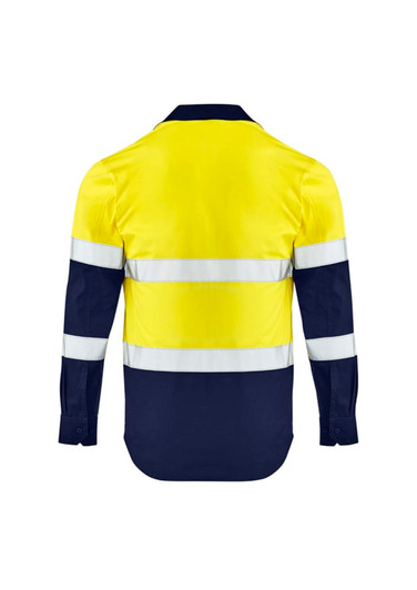 A lightweight long sleeve work shirt in yellow and navy, featuring reflective stripes and a logo.