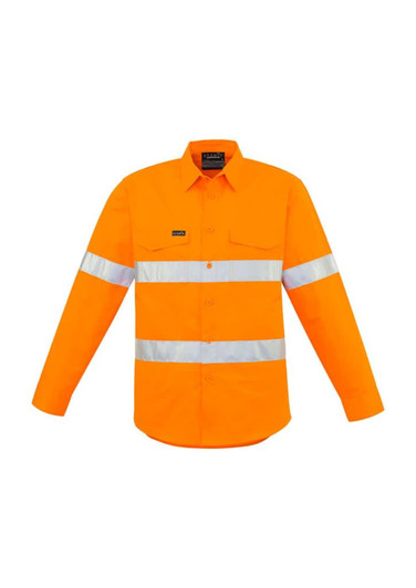 A long sleeve shirt in bright orange with reflective hoop tape across the chest and arms. It features a logo.