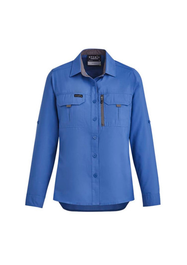 A blue long sleeve button-up women's shirt with two front pockets and a logo.