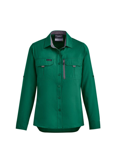 A women's long sleeve button-up shirt in green with two chest pockets and a zip pocket, featuring a logo.
