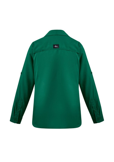 A green long sleeve women's outdoor shirt with a button-up design and a logo on the back.