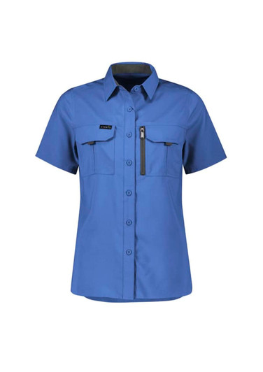 A blue short sleeve women's outdoor shirt with two front pockets and a zip pocket, featuring a logo.