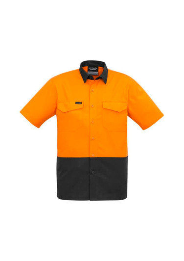 A short sleeve shirt in orange and black with a collar, featuring front pockets and a logo on the chest.
