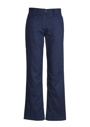 A pair of navy plain utility pants, featuring a straight-leg design and a pocket on the side.