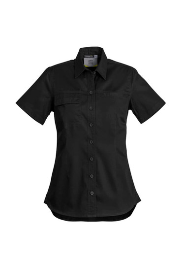 A black short sleeve women’s work shirt featuring a collar and button-up design, with a chest pocket and branding.