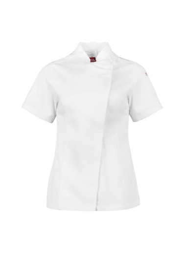 A white women's short sleeve chef jacket with a stylish design and a logo on the sleeve.