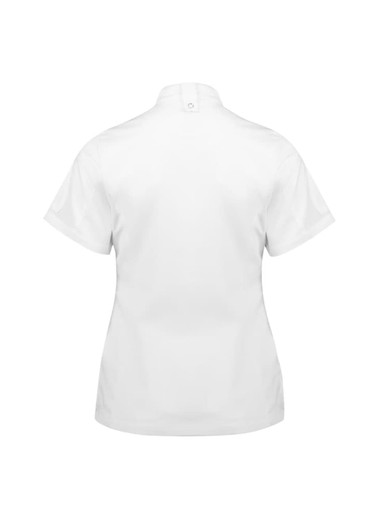 A white short sleeve chef jacket with a collar and a back closure, featuring a logo.