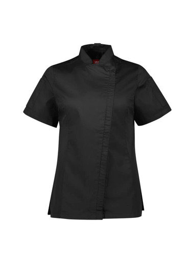 A black short sleeve chef jacket featuring a mandarin collar and a logo on the chest.