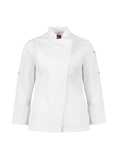 A white long sleeve chef jacket featuring a sleek design and a logo on the sleeve.