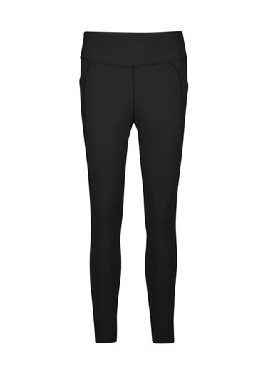 A pair of black 7/8 length leggings featuring a fitted design and side pockets. Includes branding detail.