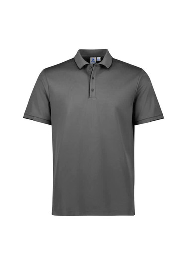 A grey men's short sleeve polo shirt featuring a collar and a logo.