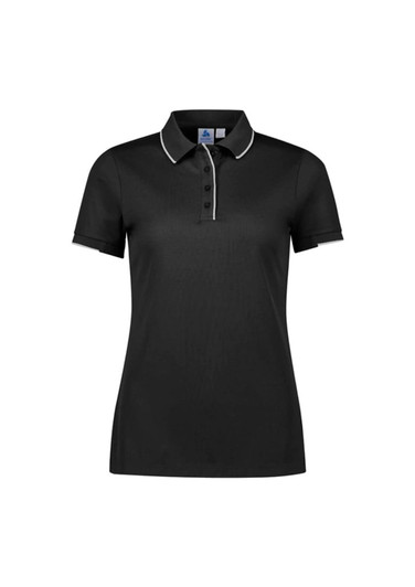 A black short sleeve polo shirt for women featuring a collar and a branded logo on the chest.