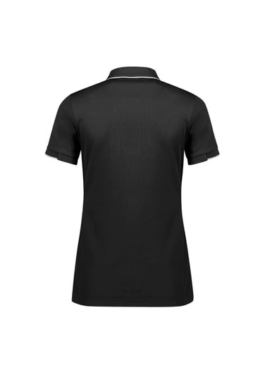 A black women's short sleeve polo shirt with a collar and contrasting details, featuring a logo.