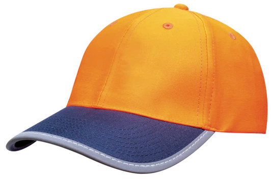 A reflective safety cap in vibrant orange with a navy blue brim and reflective trim. Features a logo on the front.