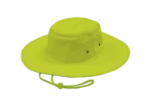 A luminescent yellow safety hat with a wide brim and adjustable chin strap, featuring ventilation eyelets.