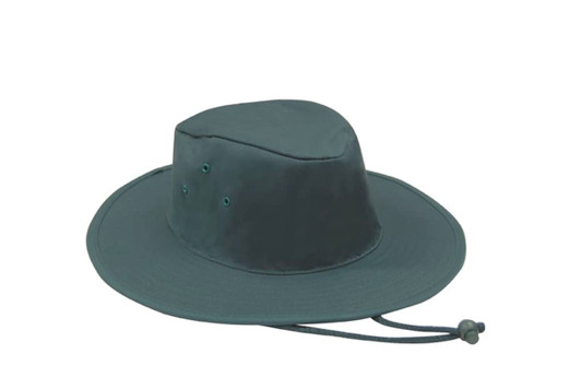 A green poly cotton slouch hat featuring ventilation holes and a drawstring for adjustment.