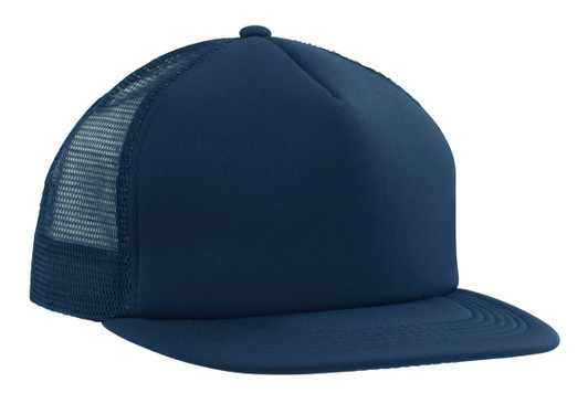 A flat peak trucker mesh cap in navy blue with a solid front and mesh sides, featuring a logo.