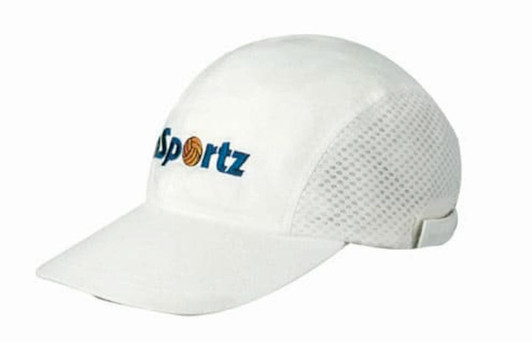 A white brushed cotton cap with a mesh design and a logo on the front.