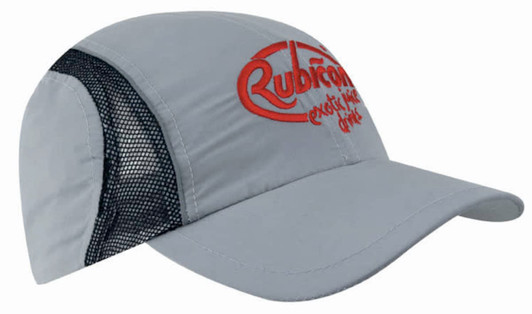 A grey sports cap made of microfibre and mesh, featuring reflective trim and a logo on the front.