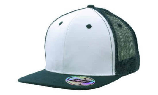 A white and green premium American twill cap with a mesh back and snapback styling, featuring a logo.