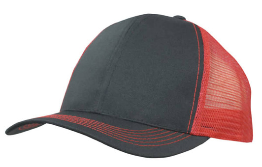 A black cap with a red mesh back and stitching, featuring a curved peak and a logo on the front.
