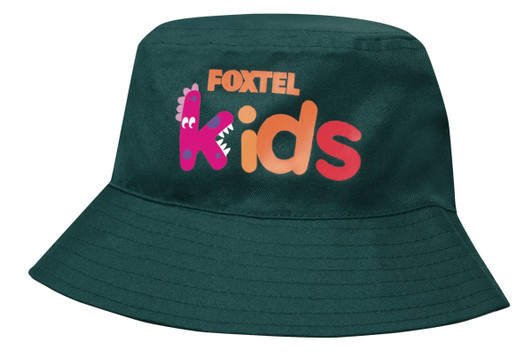 A green breathable poly twill bucket hat featuring a logo and colourful text for kids.